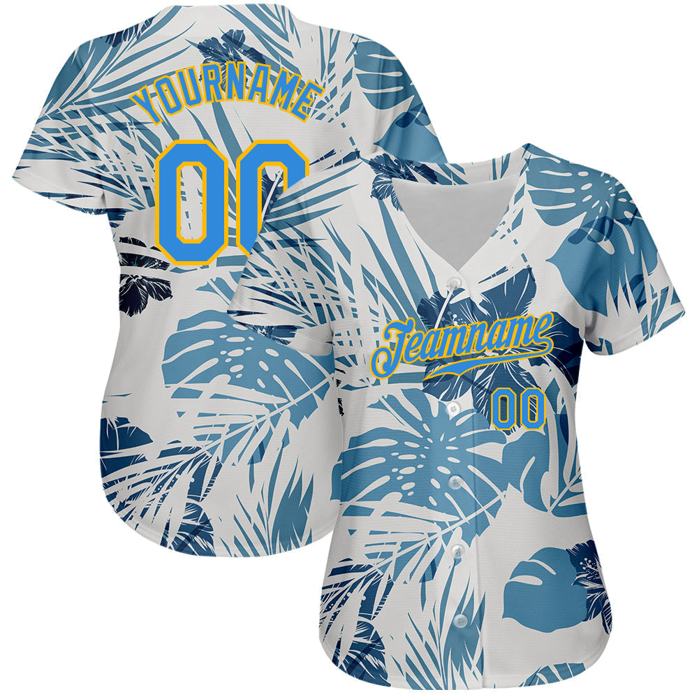 Custom White Electric Blue-Gold 3D Pattern Design Hawaii Palm Leaves And Flowers Authentic Baseball Jersey baseball jersey product view 2