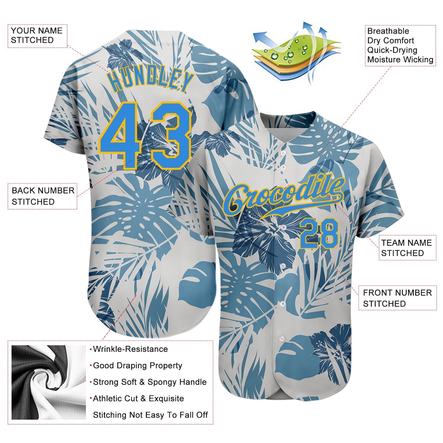 Custom White Electric Blue-Gold 3D Pattern Design Hawaii Palm Leaves And Flowers Authentic Baseball Jersey baseball jersey product view 3