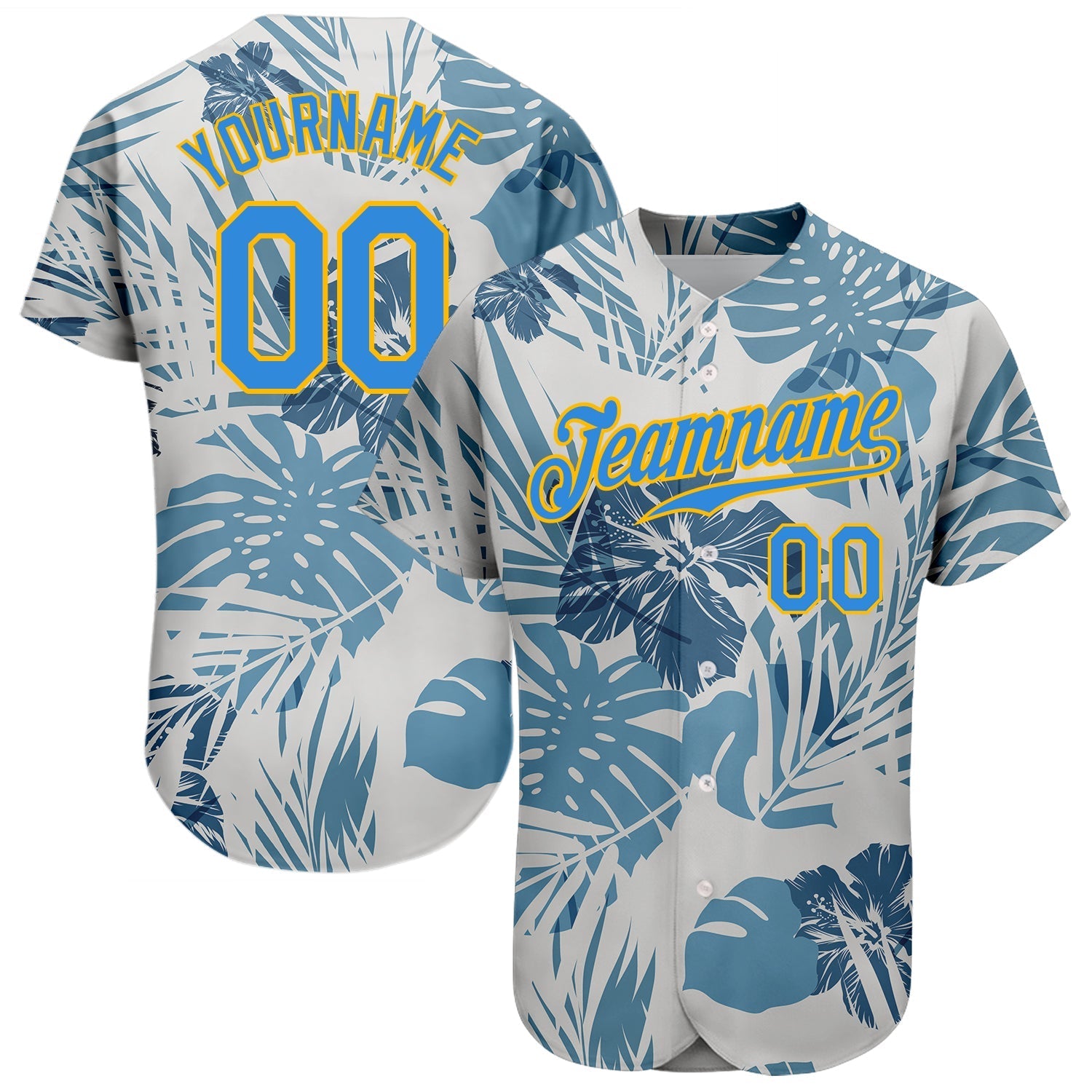 Custom White Electric Blue-Gold 3D Pattern Design Hawaii Palm Leaves And Flowers Authentic Baseball Jersey baseball jersey product view 1