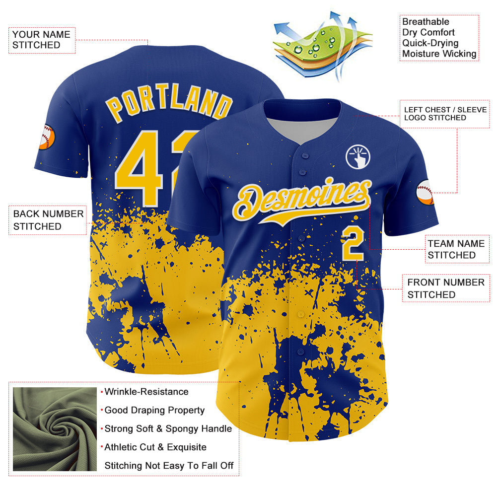 Custom Royal Yellow-White Abstract Splatter Grunge Authentic Baseball Jersey baseball jersey product view 3