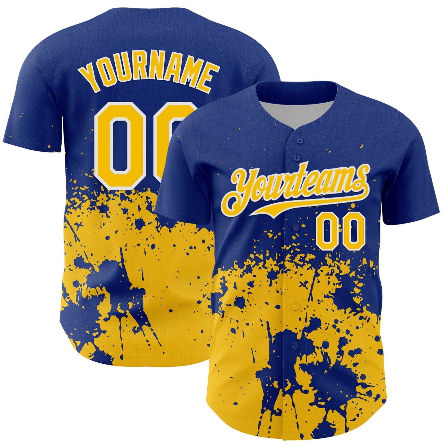 Custom Royal Yellow-White Abstract Splatter Grunge Authentic Baseball Jersey baseball jersey product view 1