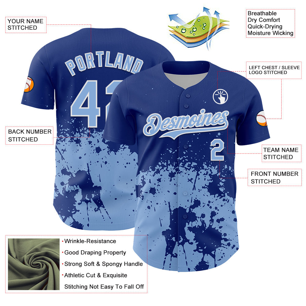 Custom Royal Light Blue-White Abstract Splatter Grunge Authentic Baseball Jersey baseball jersey product view 3