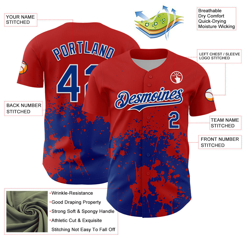 Custom Red Royal-White Abstract Splatter Grunge Authentic Baseball Jersey baseball jersey product view 3