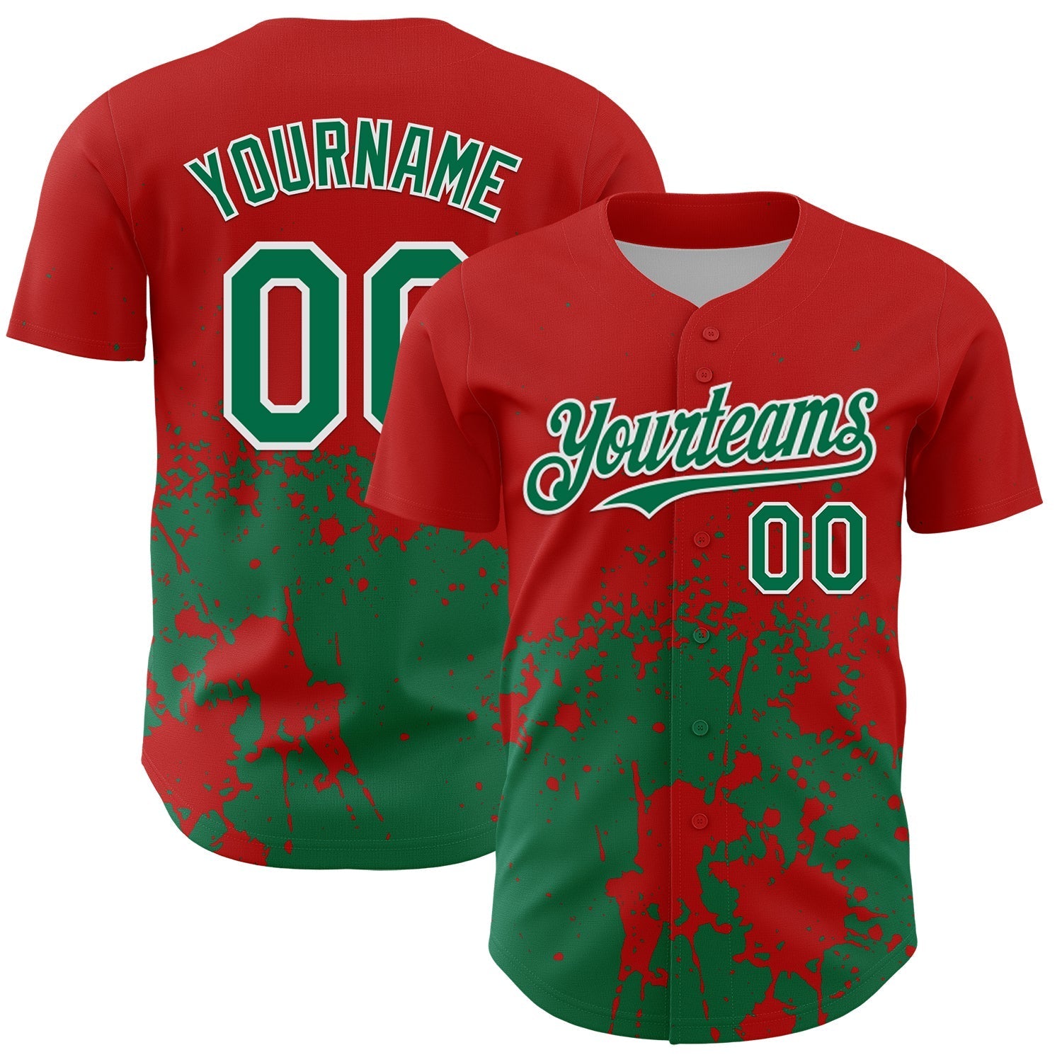 Custom Red Kelly Green-White Abstract Splatter Grunge Authentic Baseball Jersey baseball jersey product view 1