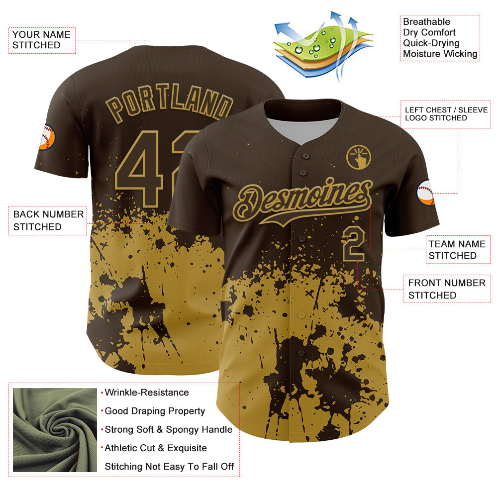 Custom Brown Old Gold Abstract Splatter Grunge Authentic Baseball Jersey baseball jersey product view 3