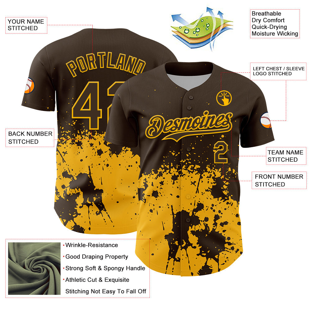 Custom Brown Yellow Abstract Splatter Grunge Authentic Baseball Jersey baseball jersey product view 3