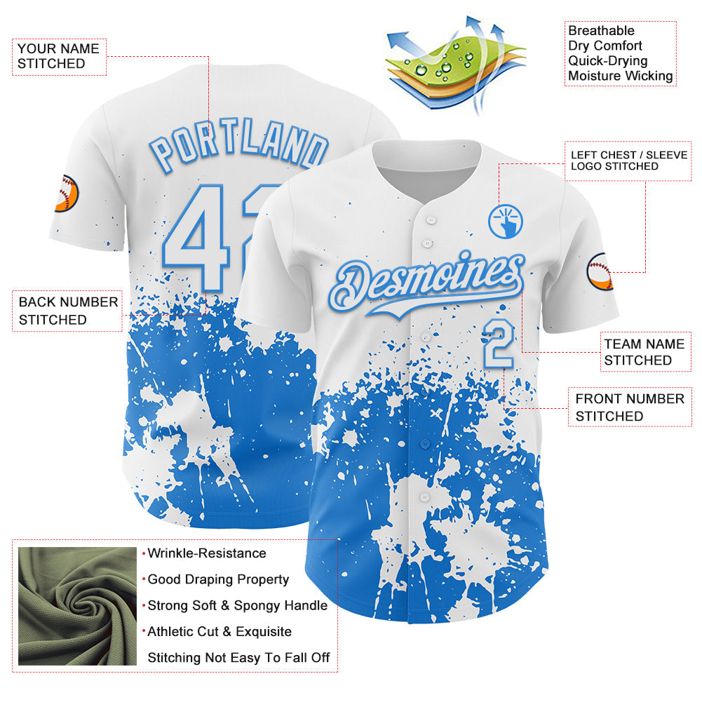 Custom White Powder Blue Abstract Splatter Grunge Authentic Baseball Jersey baseball jersey product view 3