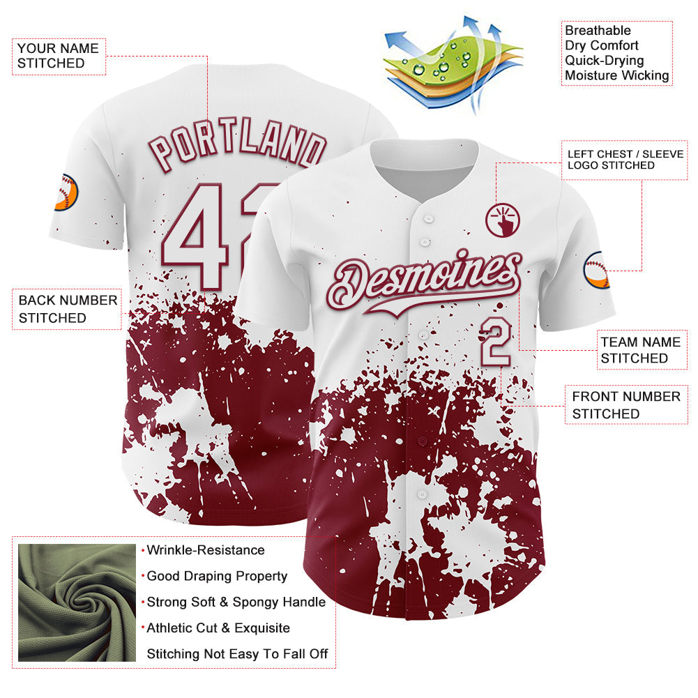 Custom White Crimson Abstract Splatter Grunge Authentic Baseball Jersey baseball jersey product view 3