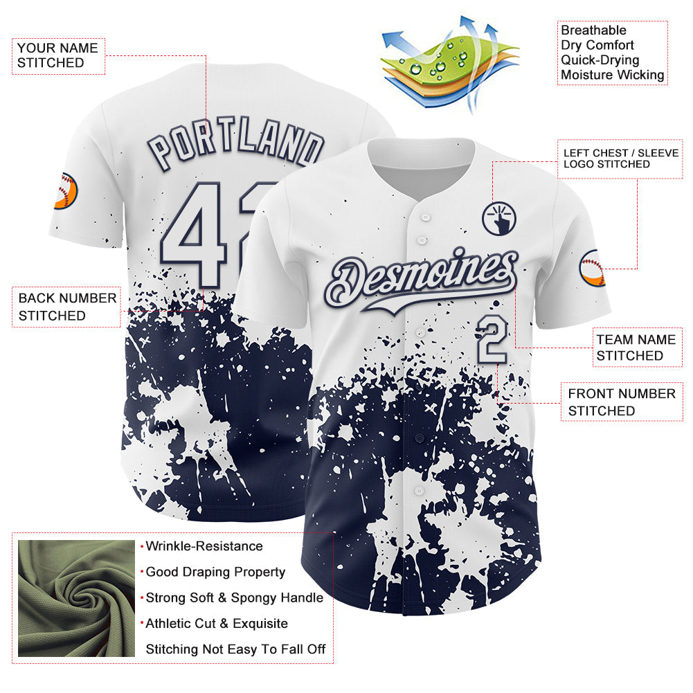 Custom White Navy Abstract Splatter Grunge Authentic Baseball Jersey baseball jersey product view 3