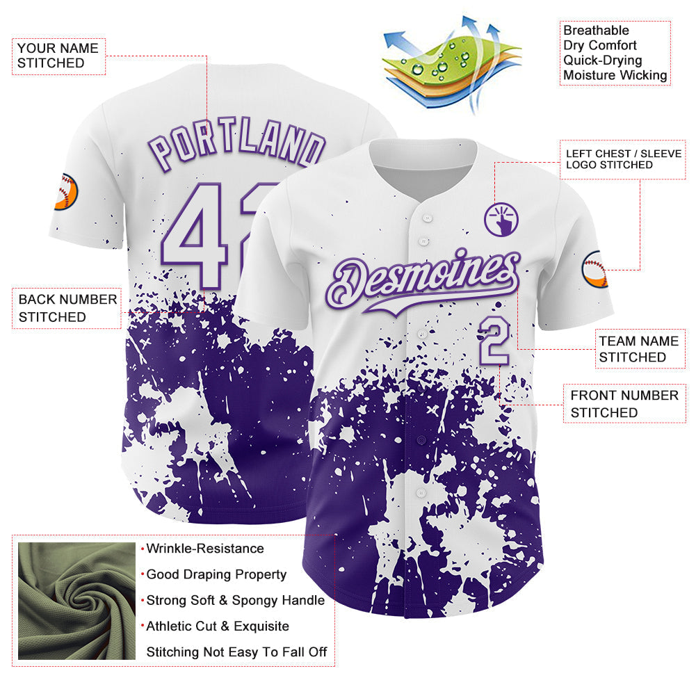 Custom White Purple Abstract Splatter Grunge Authentic Baseball Jersey baseball jersey product view 3