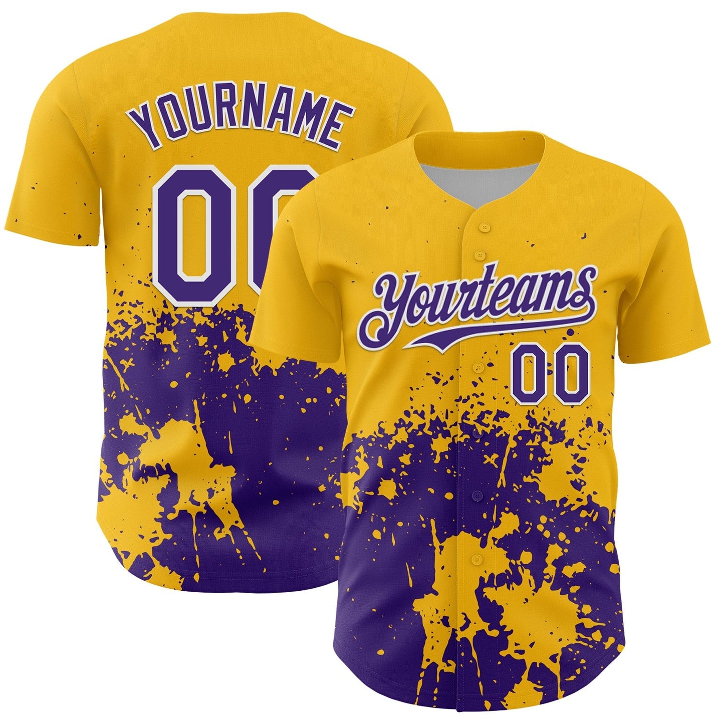 Custom Gold Purple-White Abstract Splatter Grunge Authentic Baseball Jersey baseball jersey product view 1