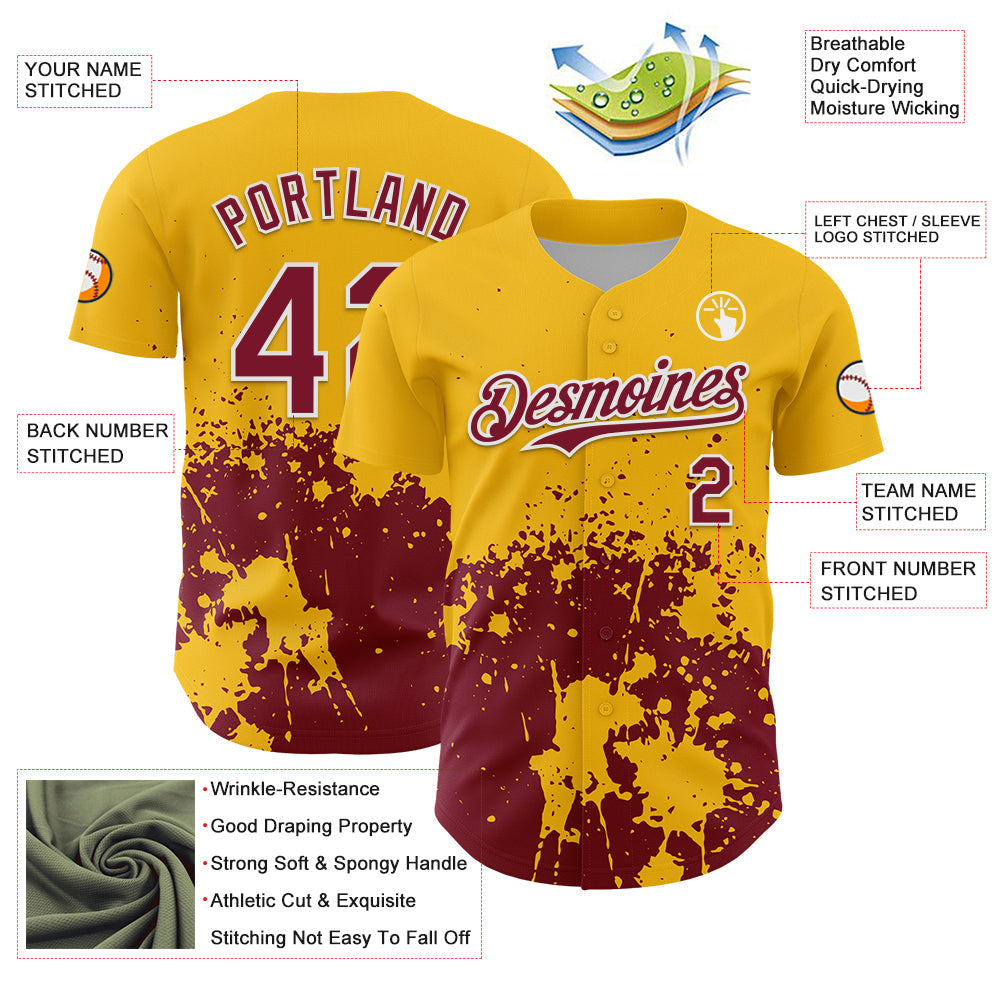 Custom Gold Crimson-White Abstract Splatter Grunge Authentic Baseball Jersey baseball jersey product view 3