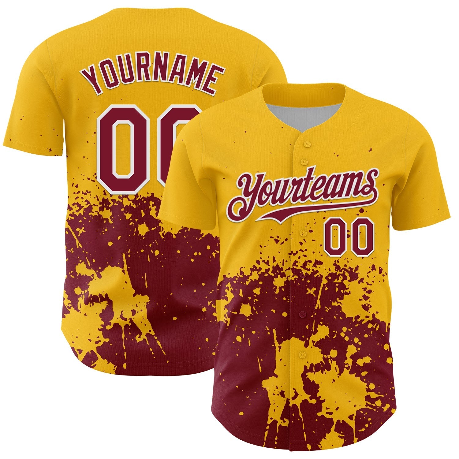 Custom Gold Crimson-White Abstract Splatter Grunge Authentic Baseball Jersey baseball jersey product view 1