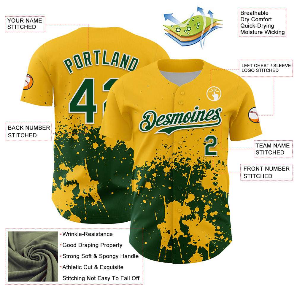 Custom Gold Green-White Abstract Splatter Grunge Authentic Baseball Jersey baseball jersey product view 3