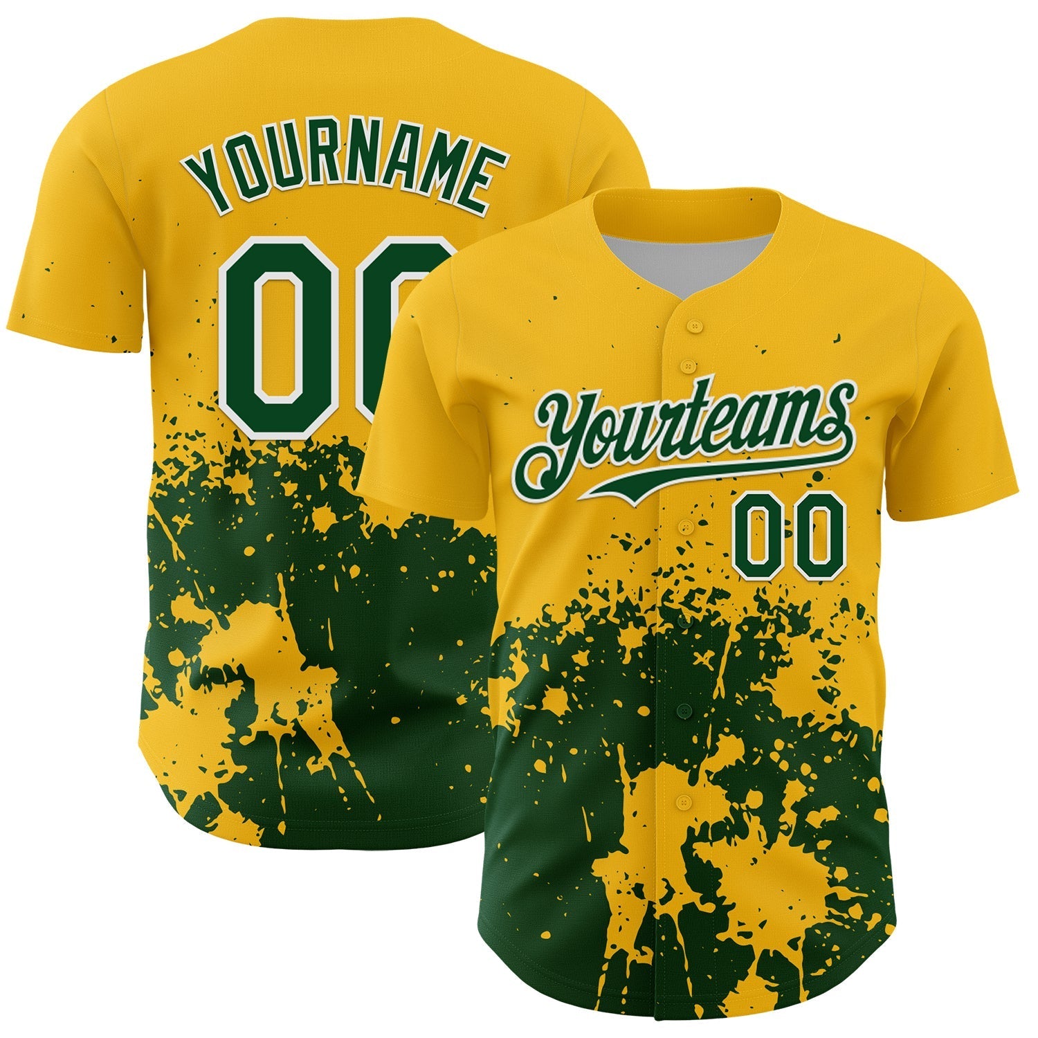 Custom Gold Green-White Abstract Splatter Grunge Authentic Baseball Jersey baseball jersey product view 1