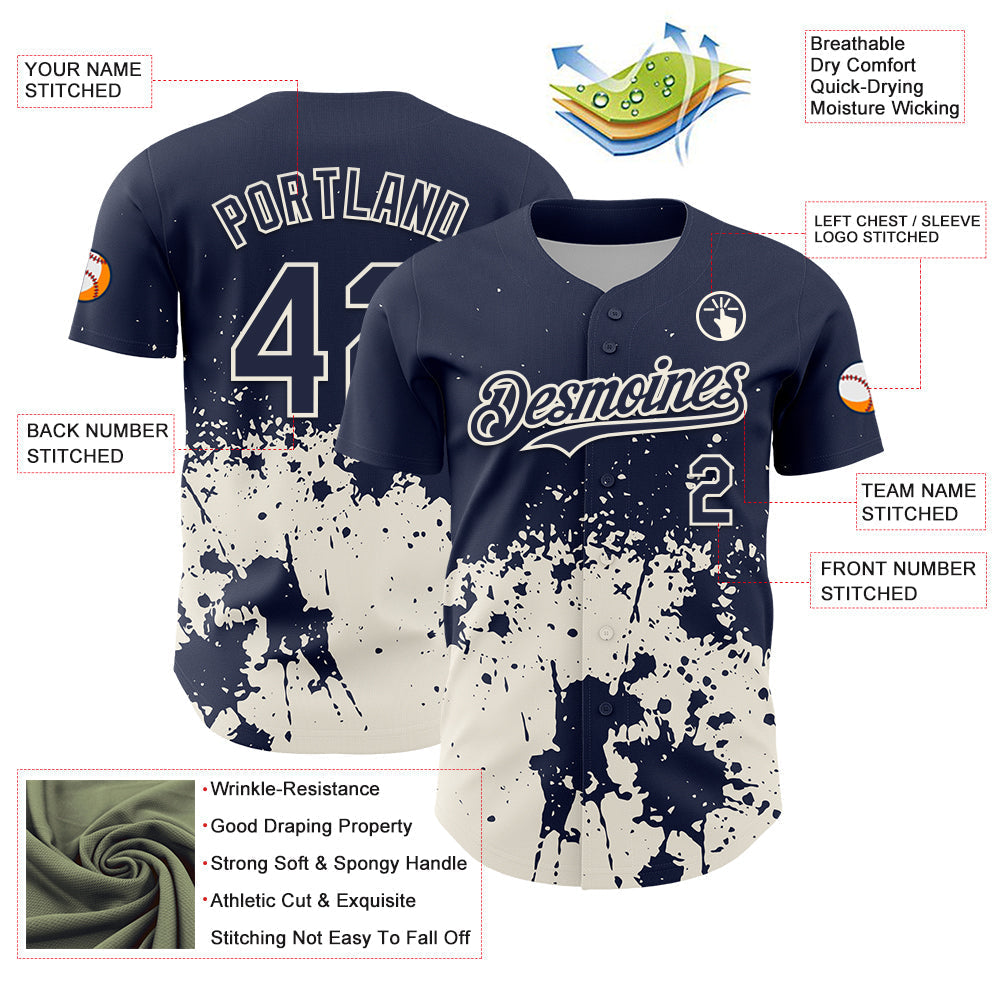 Custom Navy Cream Abstract Splatter Grunge Authentic Baseball Jersey baseball jersey product view 3