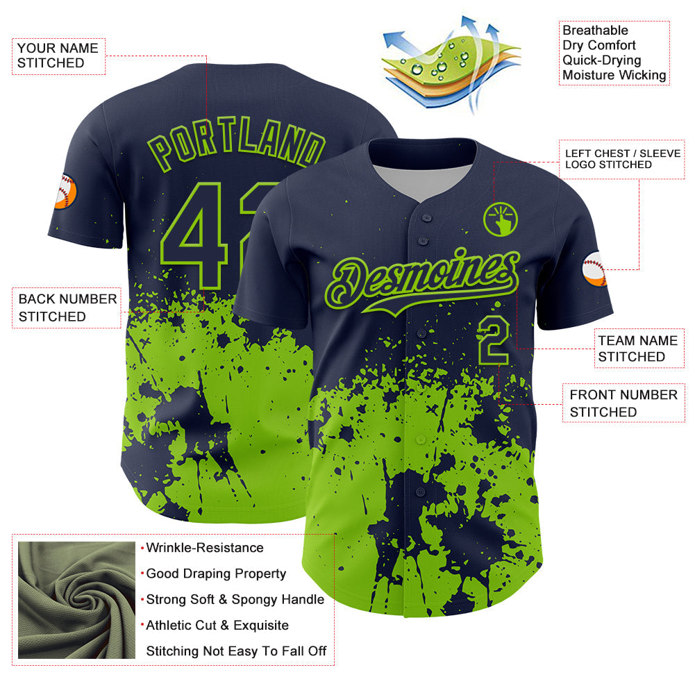 Custom Navy Neon Green Abstract Splatter Grunge Authentic Baseball Jersey baseball jersey product view 3