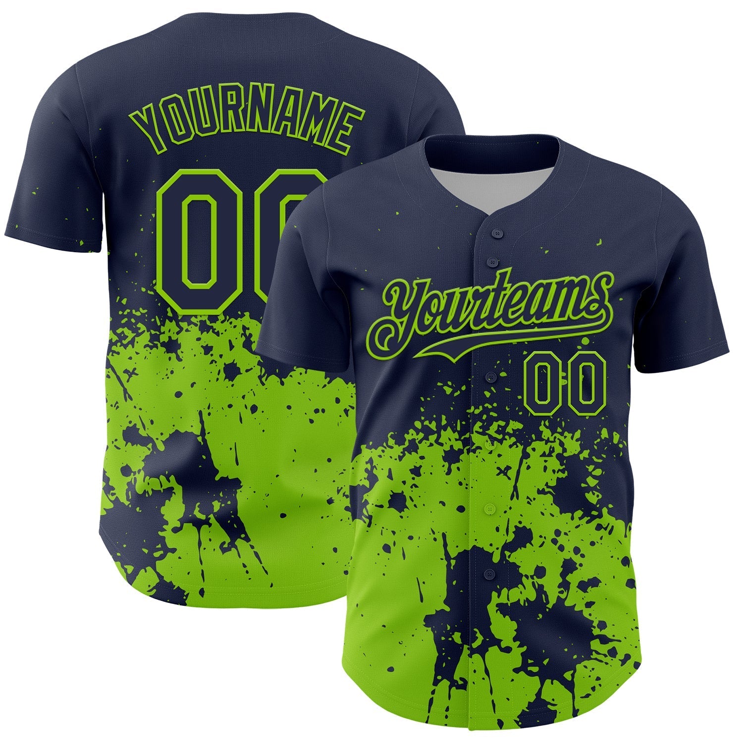 Custom Navy Neon Green Abstract Splatter Grunge Authentic Baseball Jersey baseball jersey product view 1