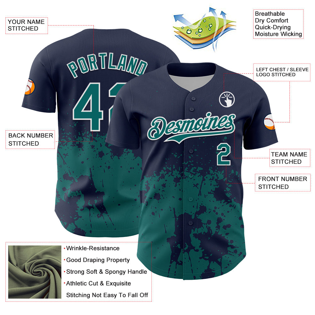 Custom Navy Teal-White Abstract Splatter Grunge Authentic Baseball Jersey baseball jersey product view 3
