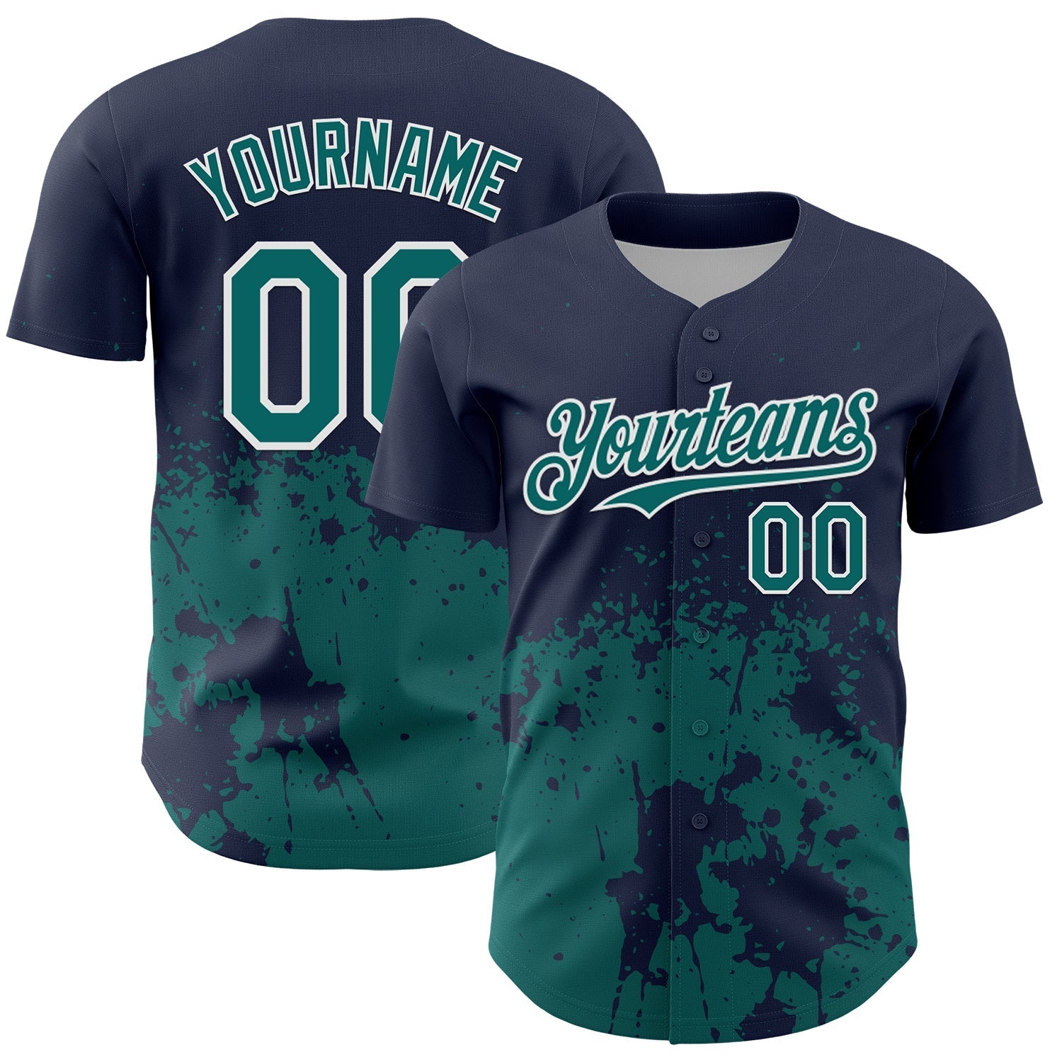 Custom Navy Teal-White Abstract Splatter Grunge Authentic Baseball Jersey baseball jersey product view 1