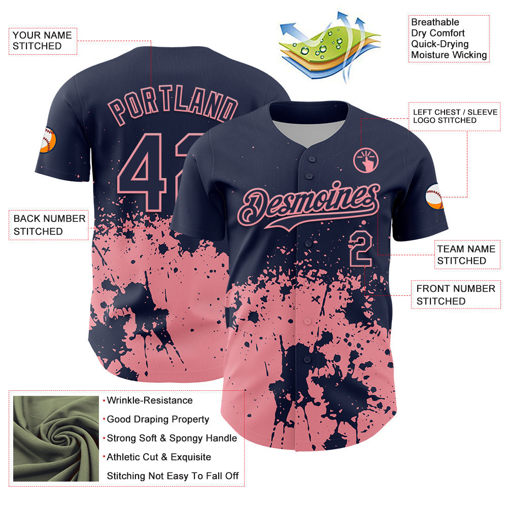 Custom Navy Medium Pink Abstract Splatter Grunge Authentic Baseball Jersey baseball jersey product view 3