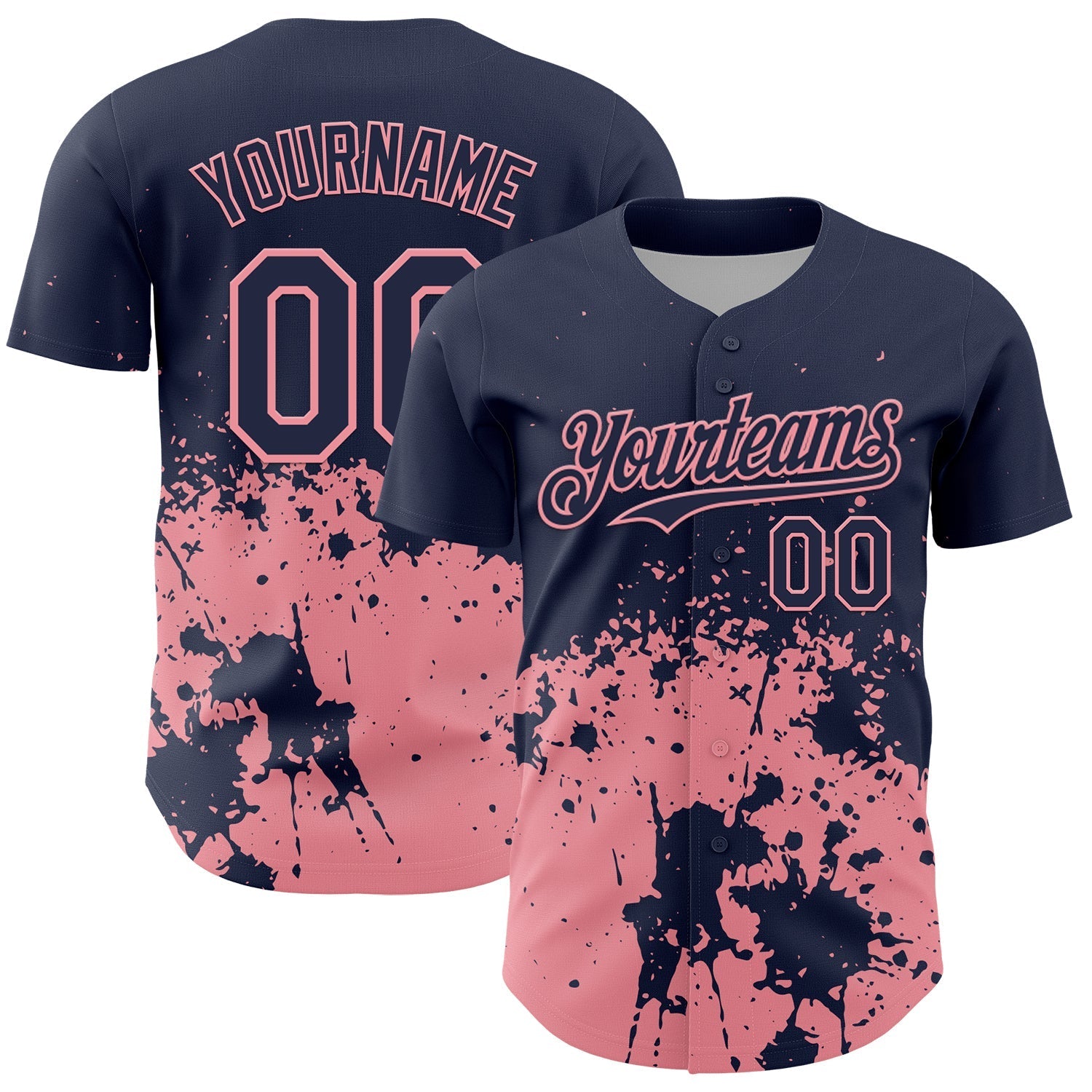 Custom Navy Medium Pink Abstract Splatter Grunge Authentic Baseball Jersey baseball jersey product view 1