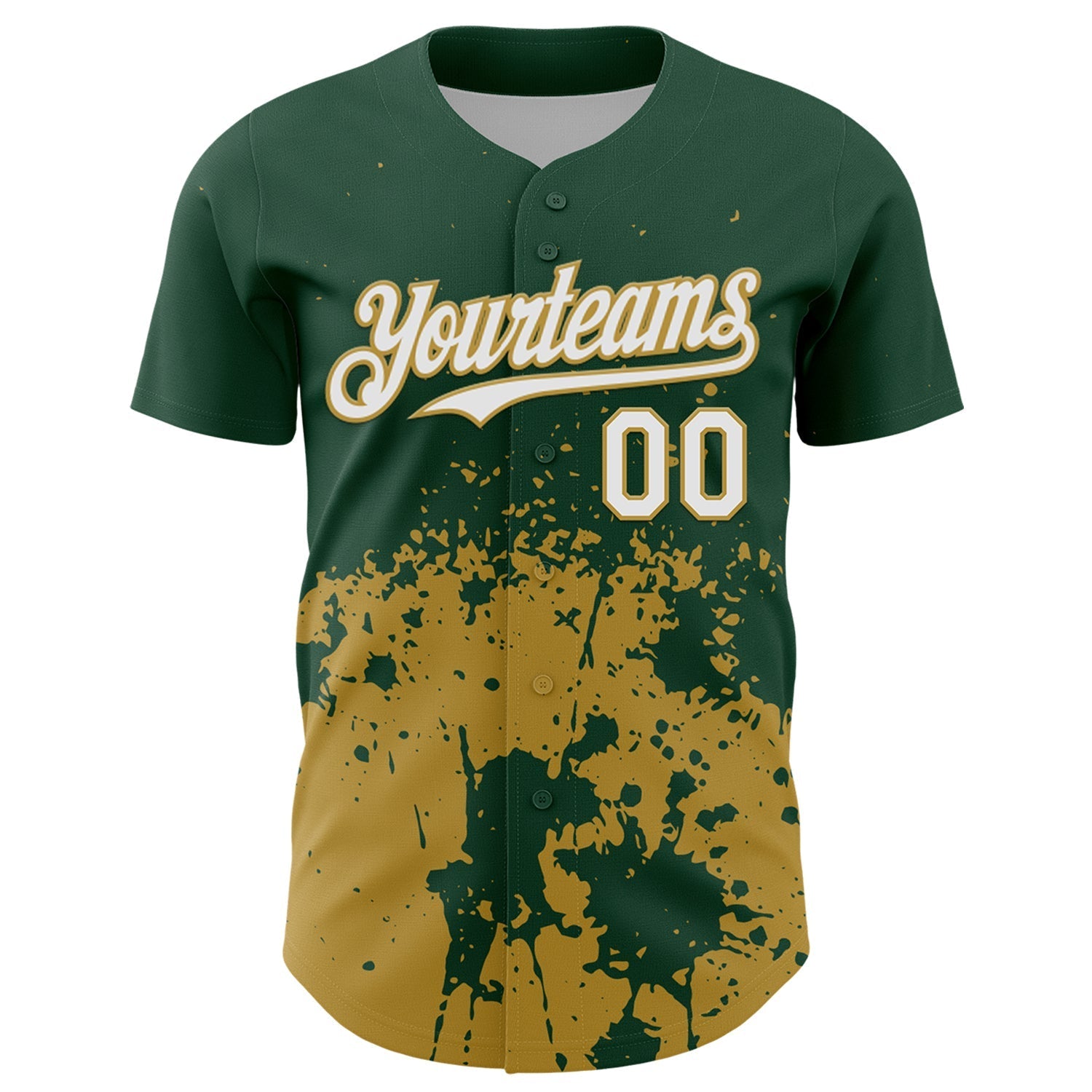 Custom Green White-Old Gold Abstract Splatter Grunge Authentic Baseball Jersey baseball jersey product view 2