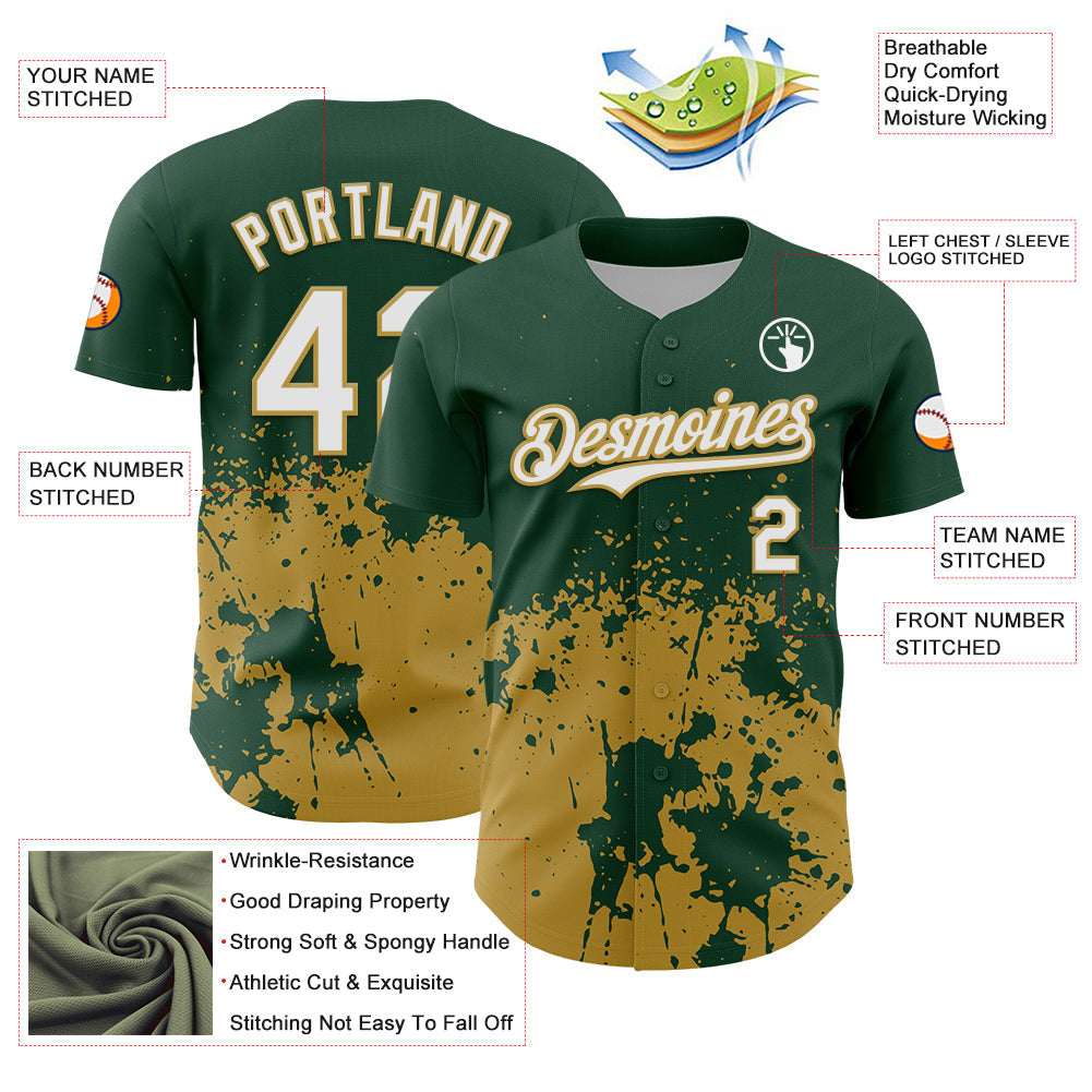 Custom Green White-Old Gold Abstract Splatter Grunge Authentic Baseball Jersey baseball jersey product view 3