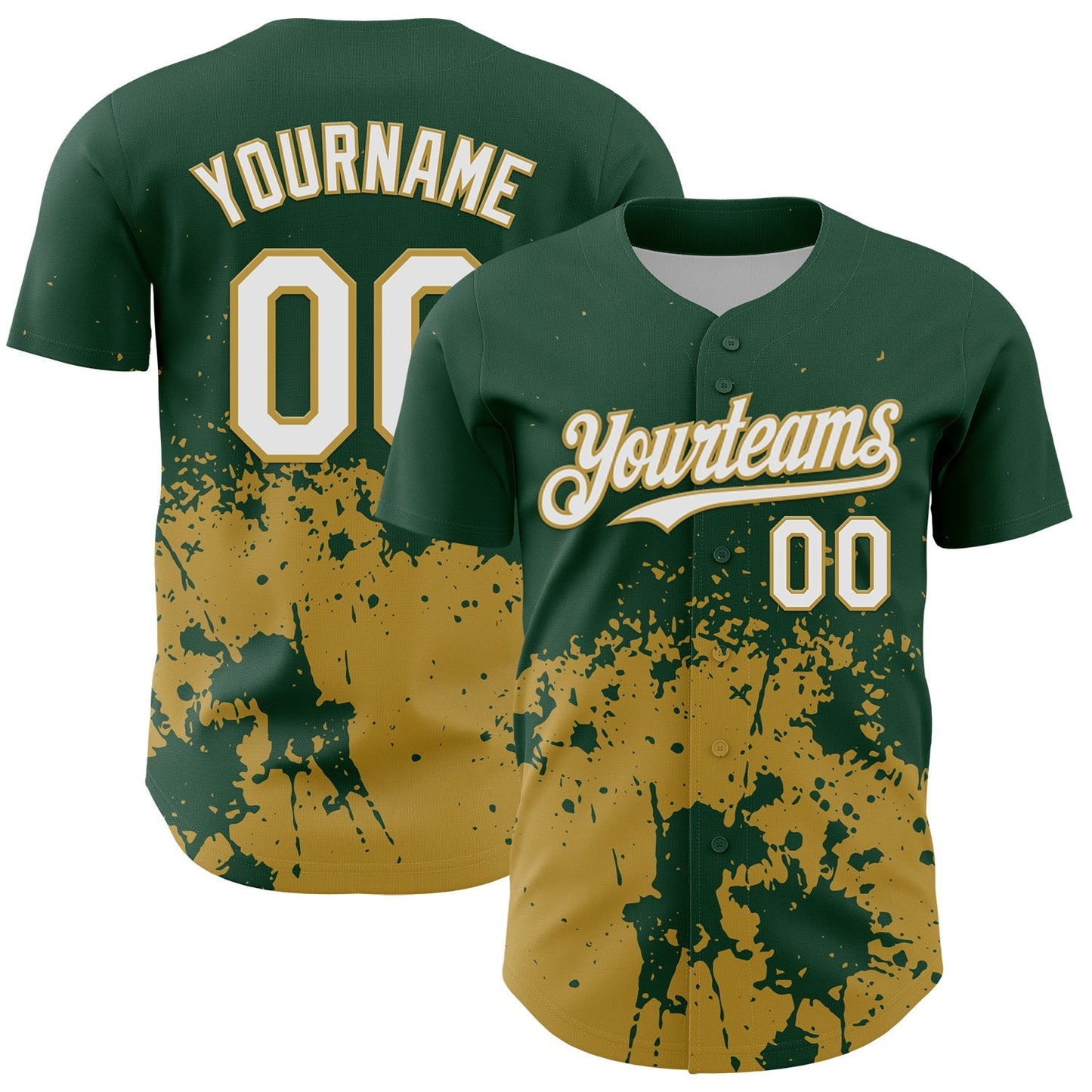 Custom Green White-Old Gold Abstract Splatter Grunge Authentic Baseball Jersey baseball jersey product view 1