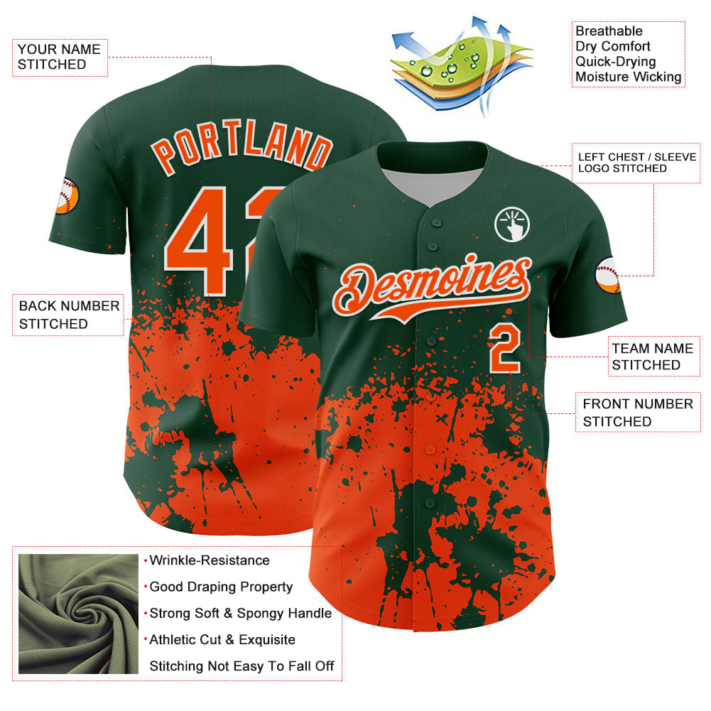 Custom Green Orange-White Abstract Splatter Grunge Authentic Baseball Jersey baseball jersey product view 3
