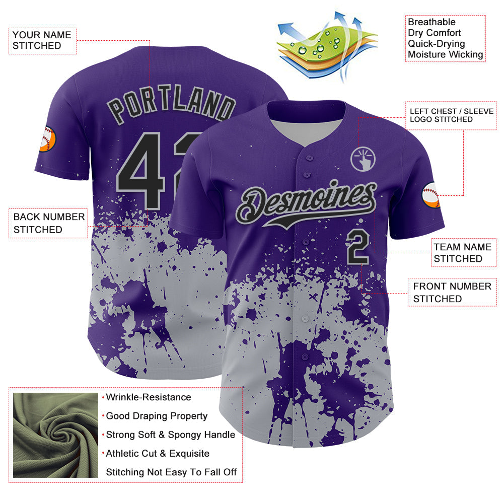 Custom Purple Black-Gray Abstract Splatter Grunge Authentic Baseball Jersey baseball jersey product view 3