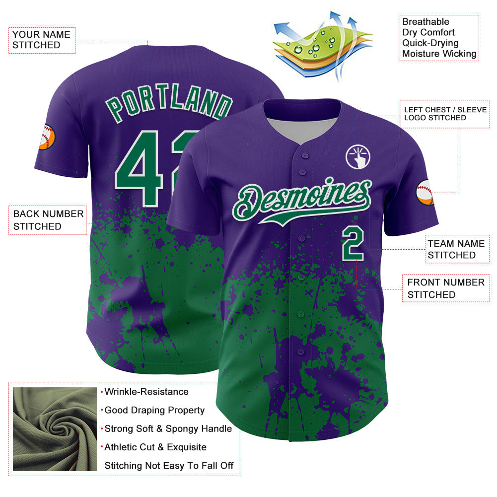 Custom Purple Kelly Green-White Abstract Splatter Grunge Authentic Baseball Jersey baseball jersey product view 3
