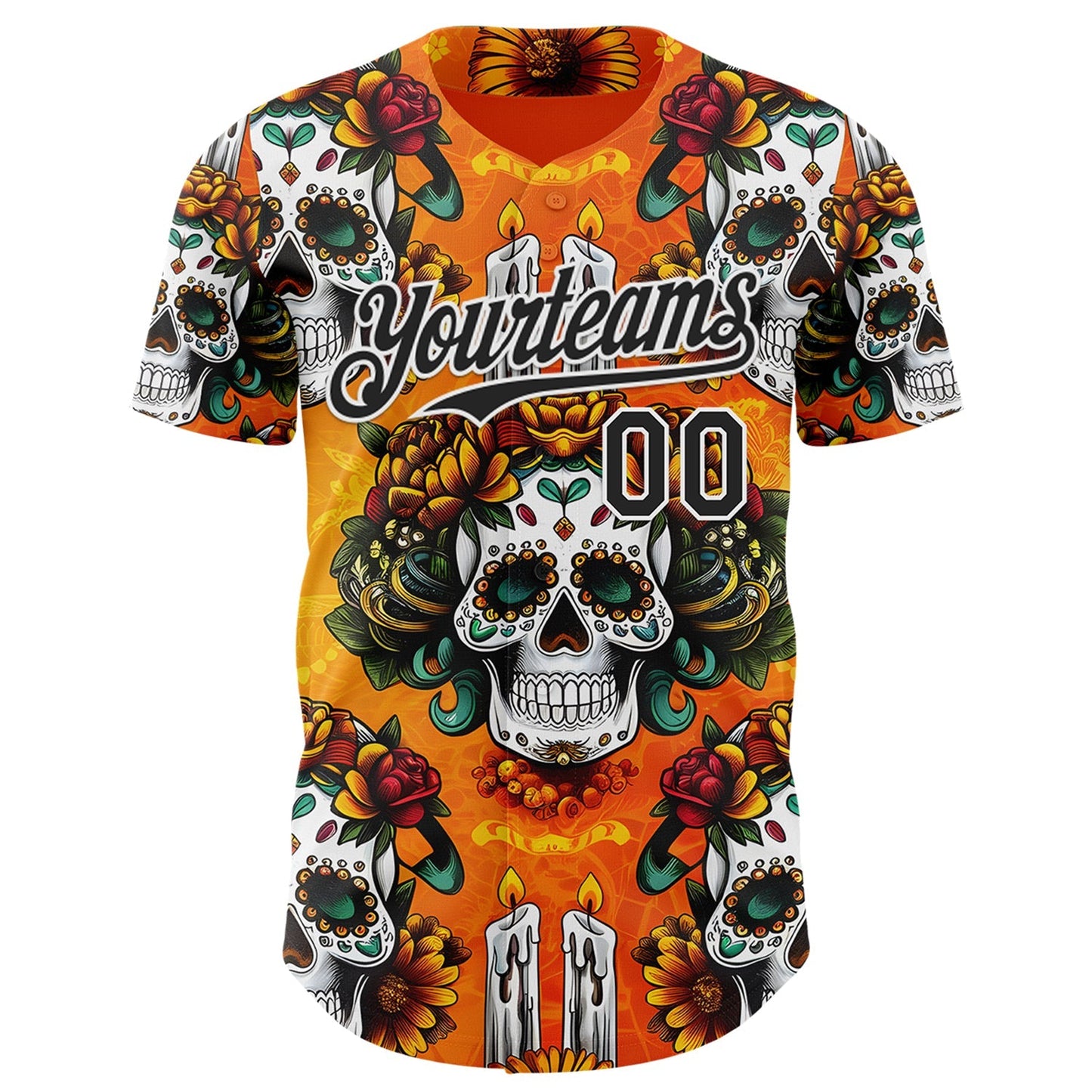 Custom Orange Black-White Sugar Skull Day of the Dead Mexican Folk Art Authentic Baseball Jersey baseball jersey product view 2