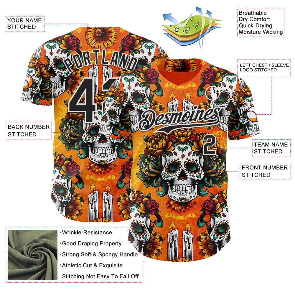 Custom Orange Black-White Sugar Skull Day of the Dead Mexican Folk Art Authentic Baseball Jersey baseball jersey product view 3