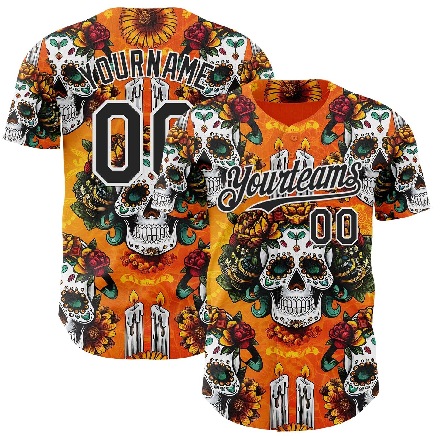 Custom Orange Black-White Sugar Skull Day of the Dead Mexican Folk Art Authentic Baseball Jersey baseball jersey product view 1