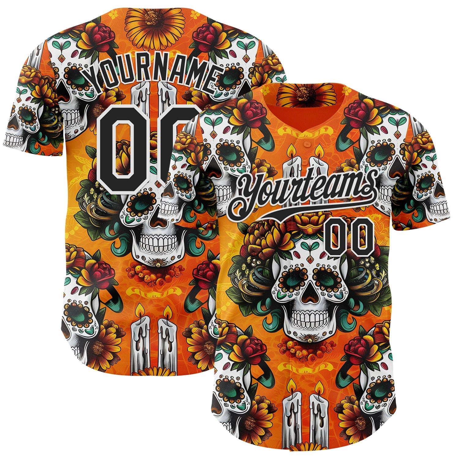 Custom Orange Black-White Sugar Skull Day of the Dead Mexican Folk Art Authentic Baseball Jersey baseball jersey product view 1