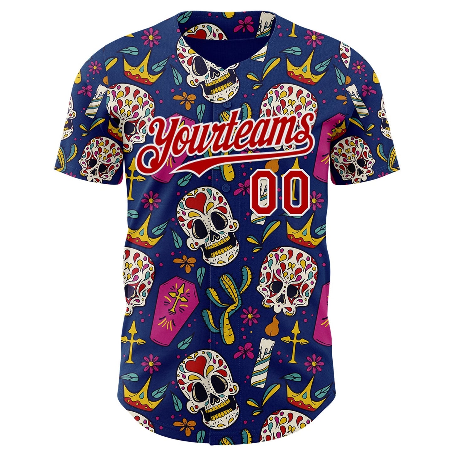 Custom US Navy Blue Red-White Sugar Skull Day of the Dead Mexican Folk Art Authentic Baseball Jersey baseball jersey product view 2
