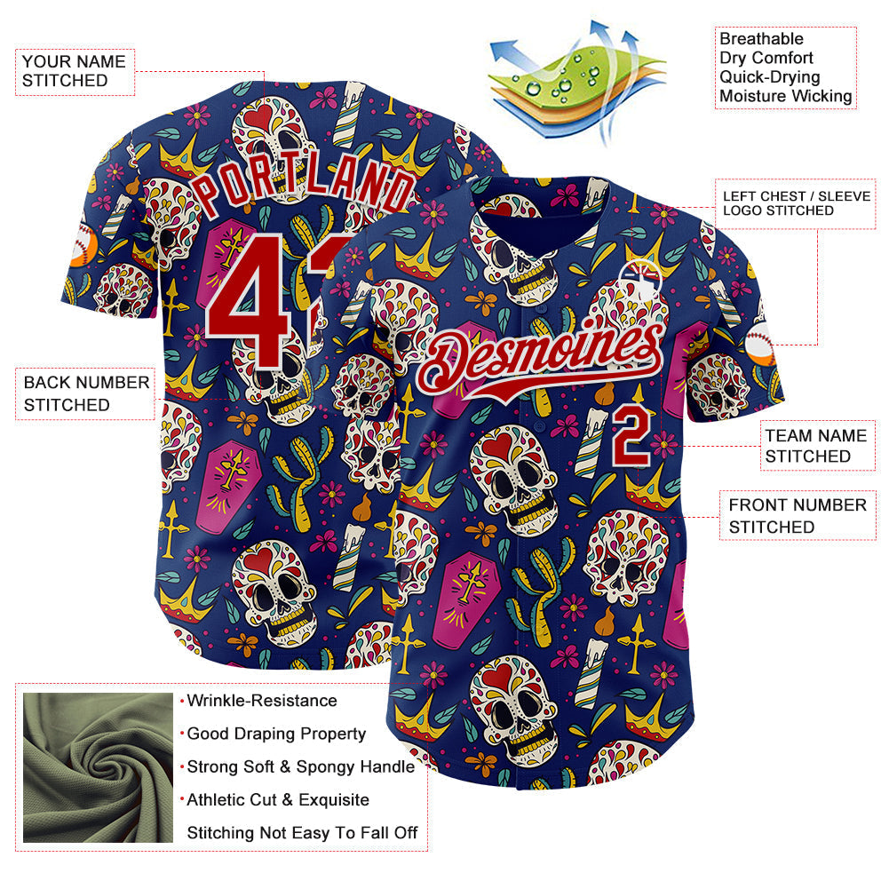 Custom US Navy Blue Red-White Sugar Skull Day of the Dead Mexican Folk Art Authentic Baseball Jersey baseball jersey product view 3