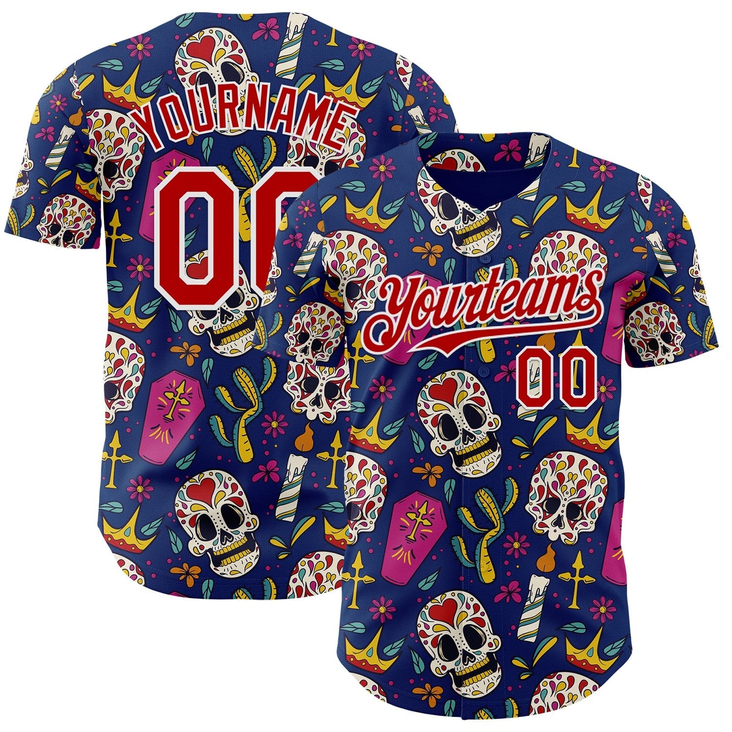 Custom US Navy Blue Red-White Sugar Skull Day of the Dead Mexican Folk Art Authentic Baseball Jersey baseball jersey product view 1