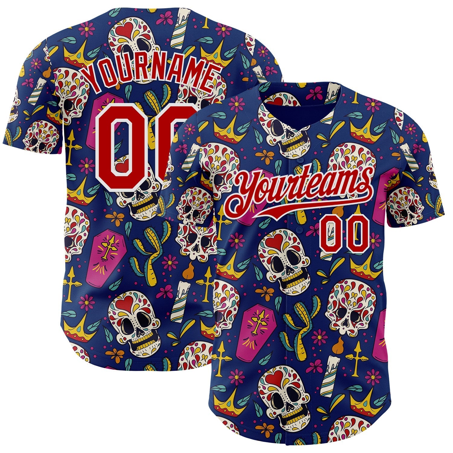 Custom US Navy Blue Red-White Sugar Skull Day of the Dead Mexican Folk Art Authentic Baseball Jersey baseball jersey product view 1