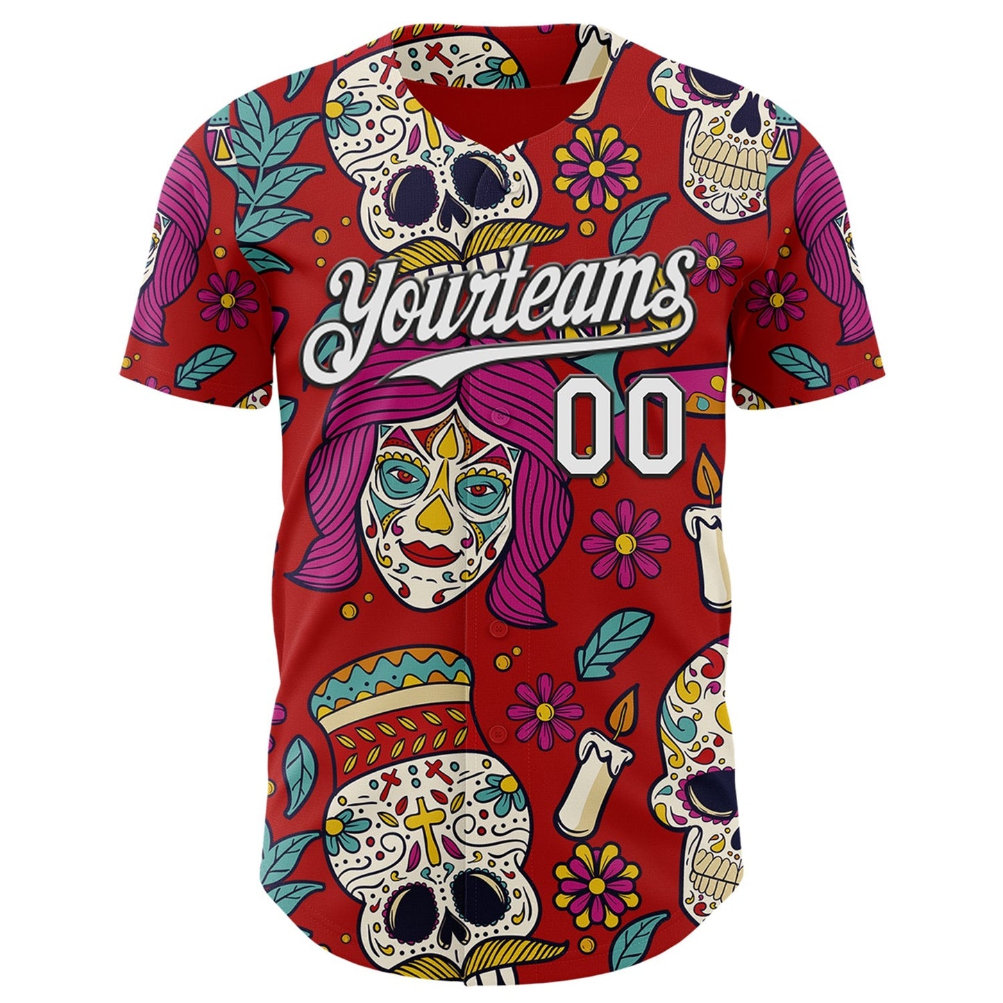 Custom Red White-Black Sugar Skull Day of the Dead Mexican Folk Art Authentic Baseball Jersey baseball jersey product view 2