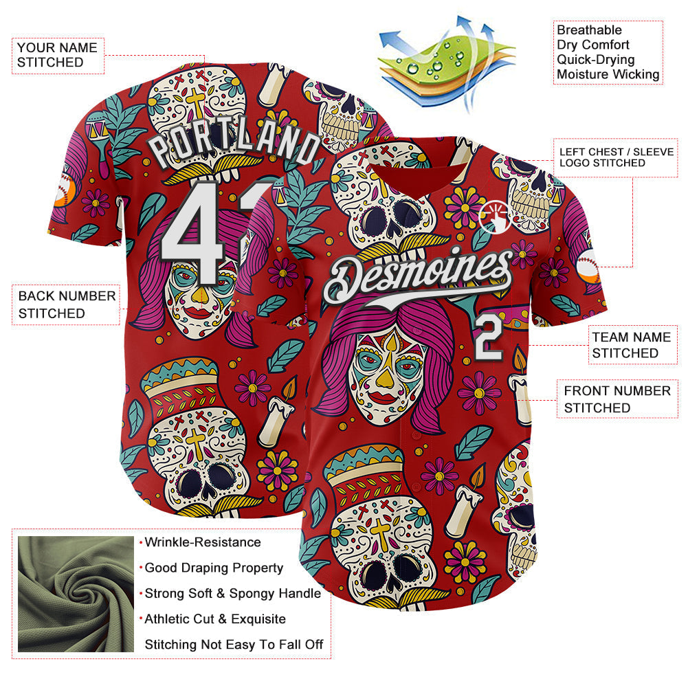 Custom Red White-Black Sugar Skull Day of the Dead Mexican Folk Art Authentic Baseball Jersey baseball jersey product view 3