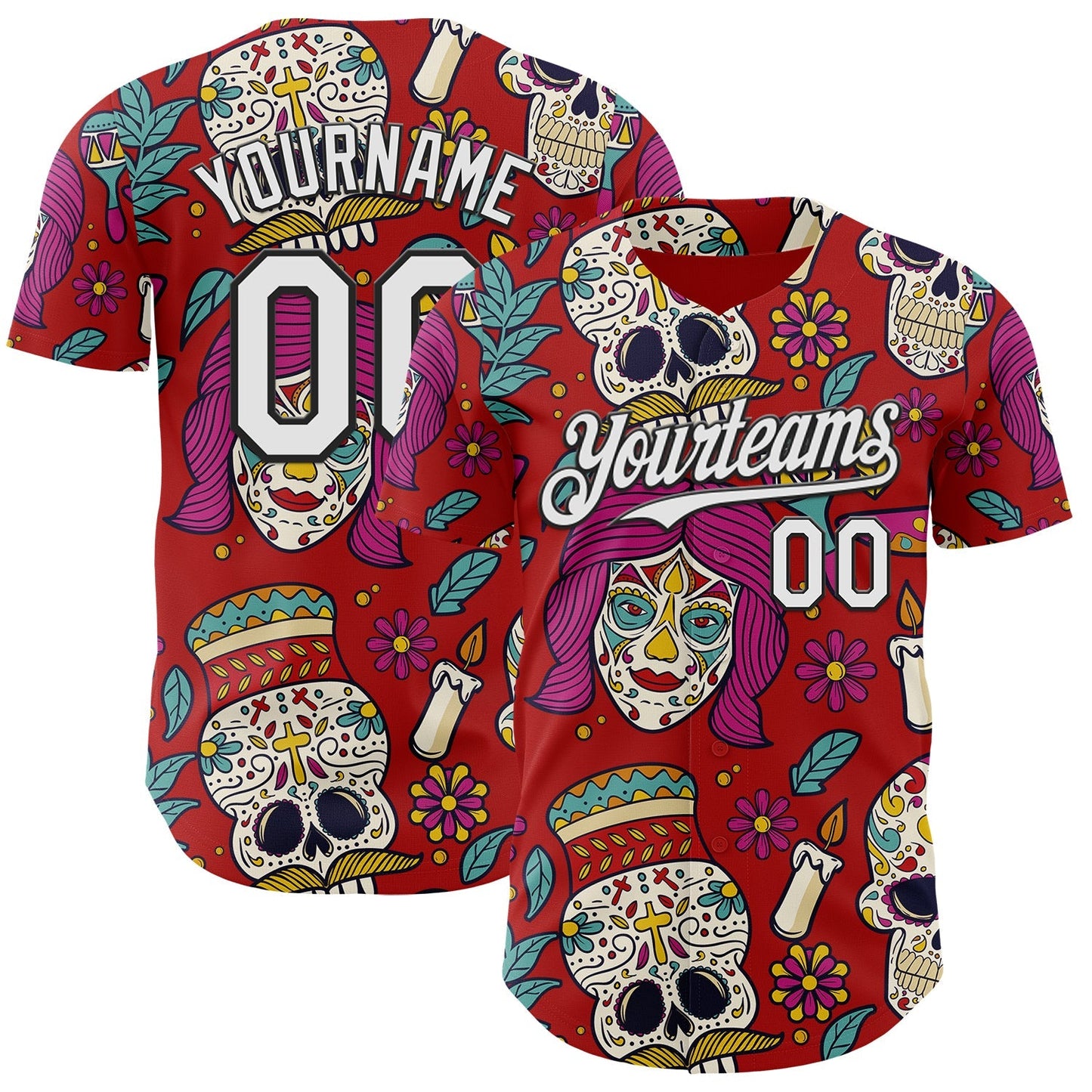 Custom Red White-Black Sugar Skull Day of the Dead Mexican Folk Art Authentic Baseball Jersey baseball jersey product view 1
