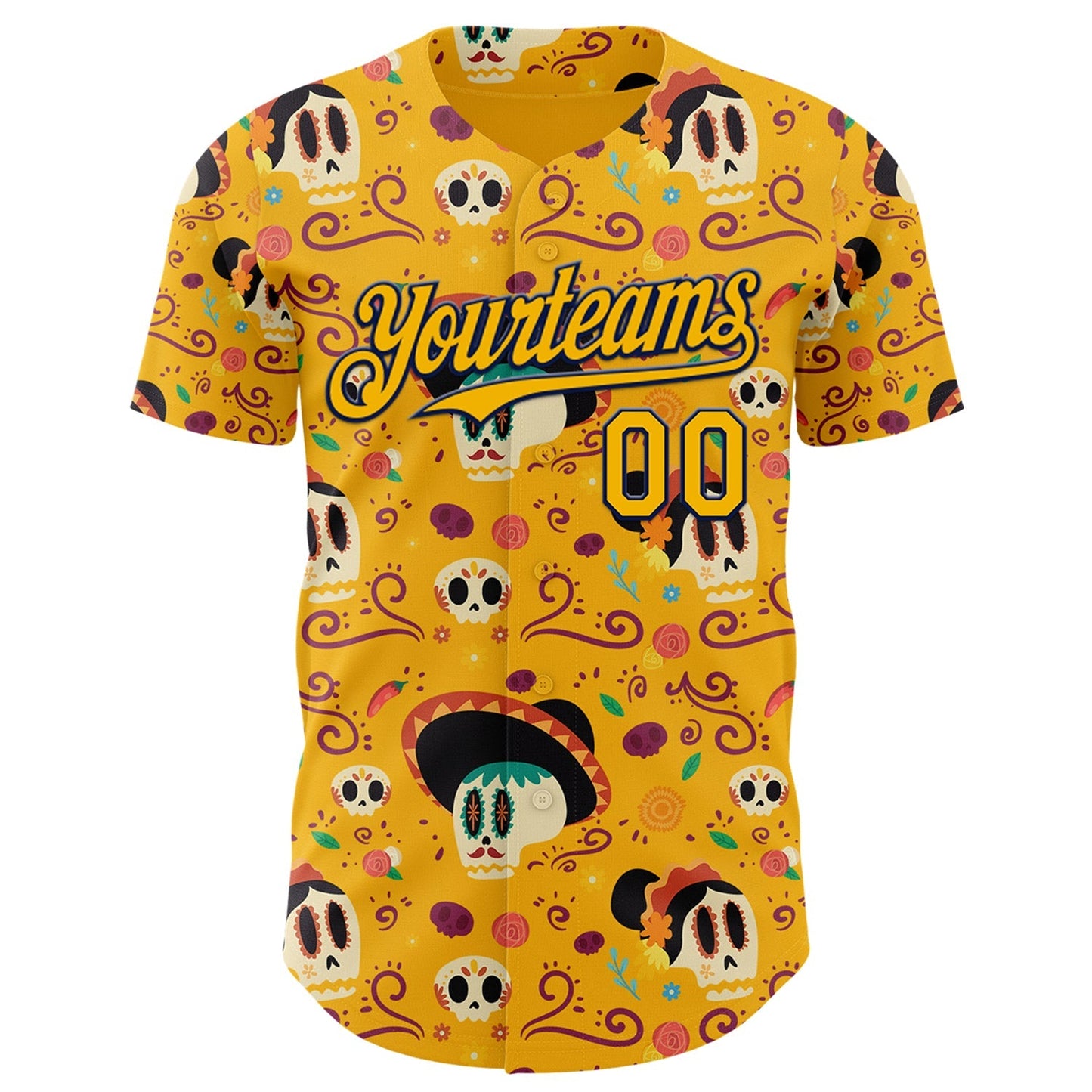 Custom Gold Navy Sugar Skull Day of the Dead Mexican Folk Art Authentic Baseball Jersey baseball jersey product view 2