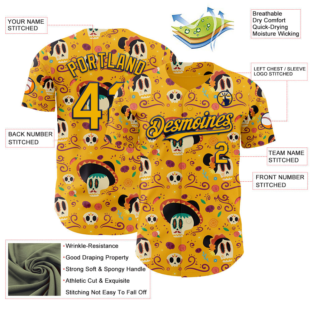 Custom Gold Navy Sugar Skull Day of the Dead Mexican Folk Art Authentic Baseball Jersey baseball jersey product view 3