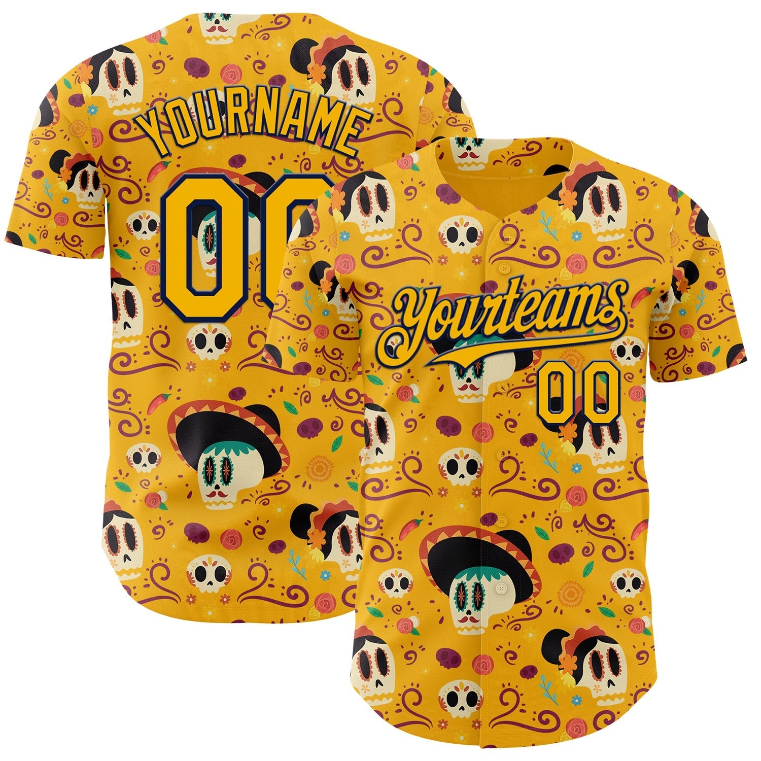 Custom Gold Navy Sugar Skull Day of the Dead Mexican Folk Art Authentic Baseball Jersey baseball jersey product view 1