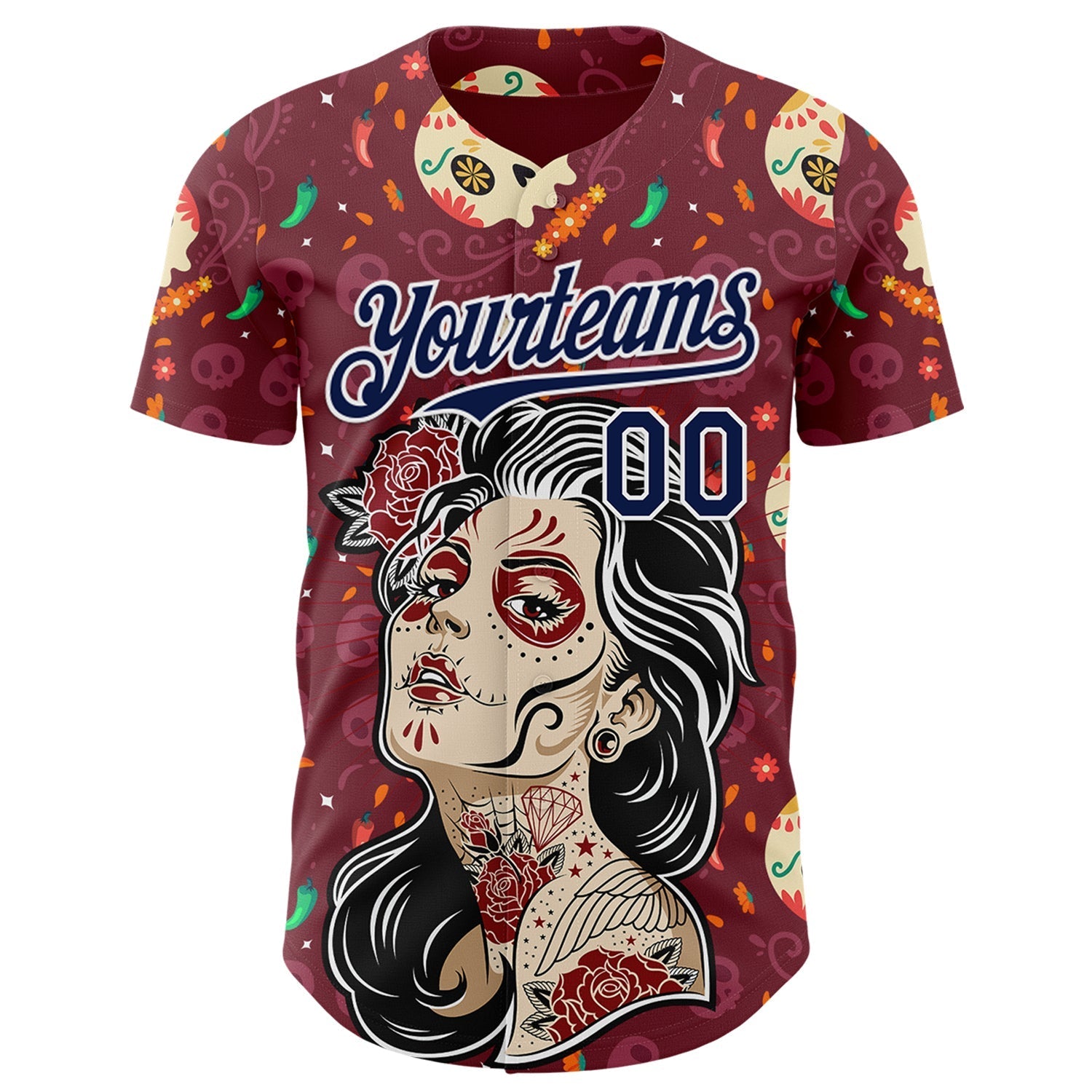 Custom Burgundy Navy-White Sugar Skull Day of the Dead Mexican Folk Art Authentic Baseball Jersey baseball jersey product view 2