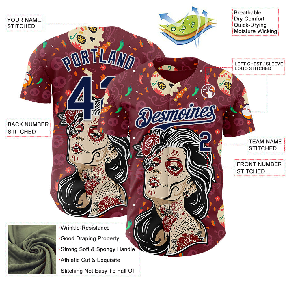 Custom Burgundy Navy-White Sugar Skull Day of the Dead Mexican Folk Art Authentic Baseball Jersey baseball jersey product view 3