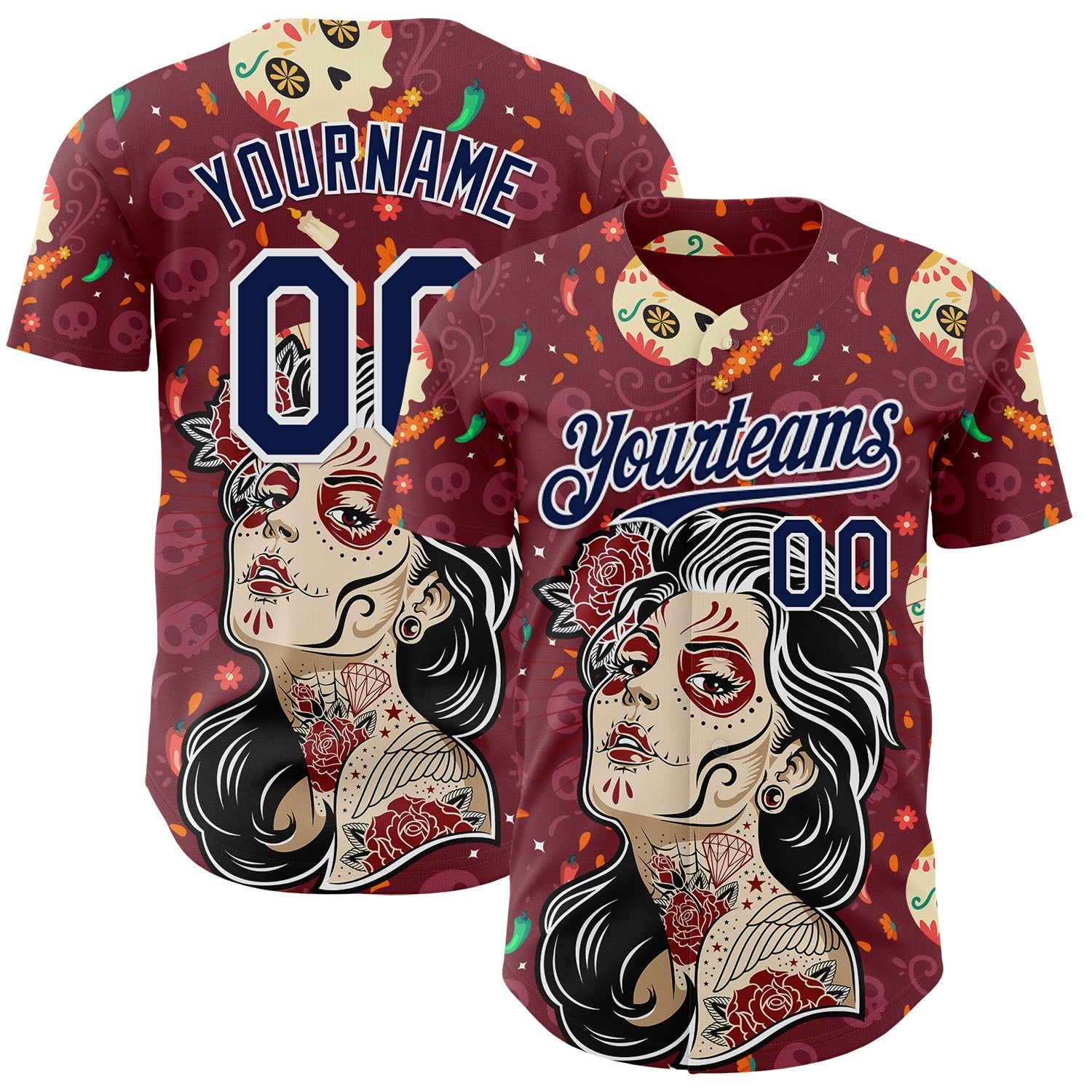 Custom Burgundy Navy-White Sugar Skull Day of the Dead Mexican Folk Art Authentic Baseball Jersey baseball jersey product view 1
