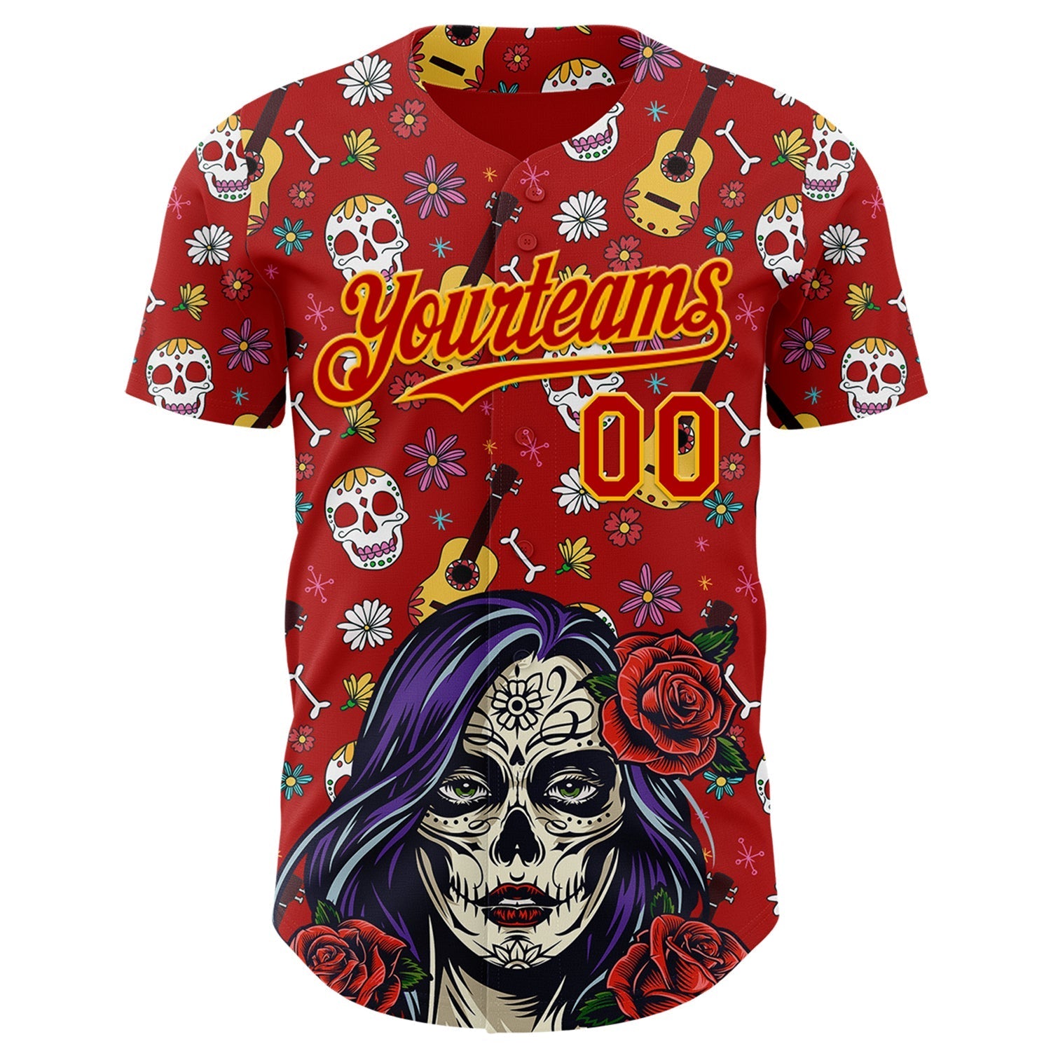 Custom Red Gold Sugar Skull Day of the Dead Mexican Folk Art Authentic Baseball Jersey baseball jersey product view 2